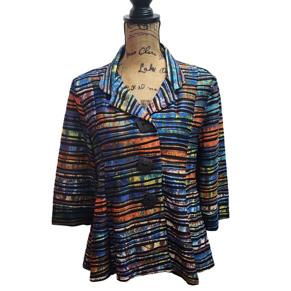 Multiples Womens Abstract Stripe Print Button Front Blazer Jacket PM
